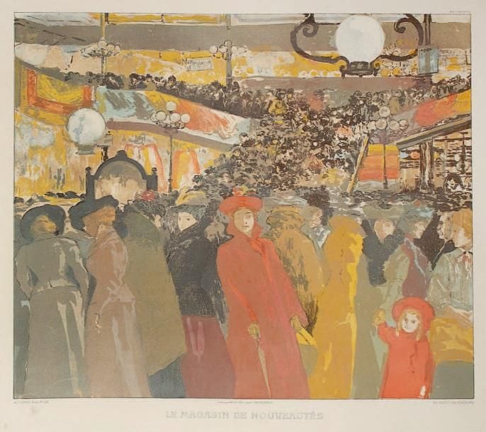 Alexandre Lunois (1863 -1916)
Le Magasin de nouveautés. 1902. Lithographie. 525 x 440. I.F.F. non décrit. Impression en couleurs. Bonne épreuve sur vélin blanc. Rousseurs éparses essentiellement marginales. Menus accidents aux bords du feuillet. Marges légèrement réduites. Edmond Sagot éditeur.