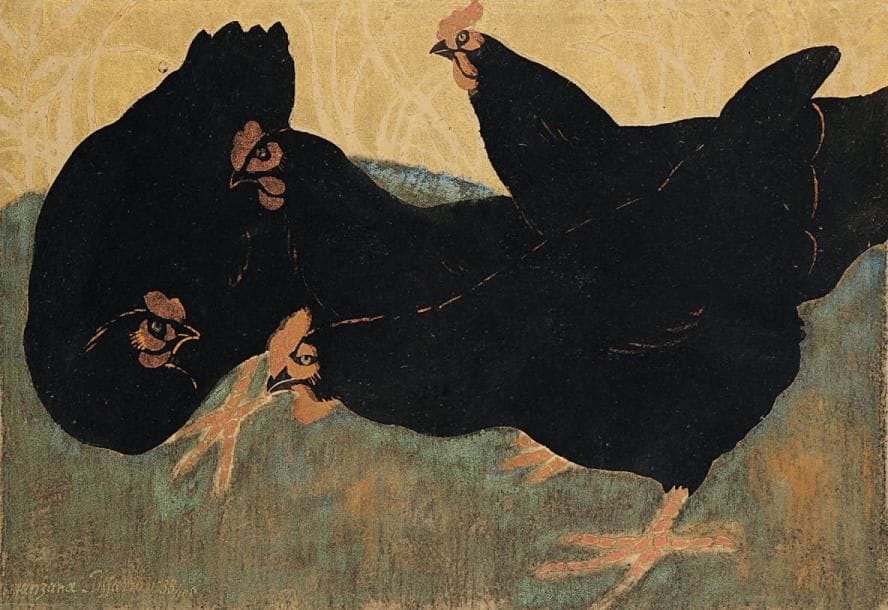 Georges Manzana-Pissarro (1871-1961)
Quatre poules noires. Vers 1920. Pochoir en couleurs et à l'encre bronze doré. [490 x 335]. Très belle épreuve sur vélin texturé beige, signée et numérotée à l'encre dorée. Deux infimes trous dans le sujet. Restes de papier gommé aux bords du feuillet au verso. Toutes marges. Tirage à 100 épreuves.