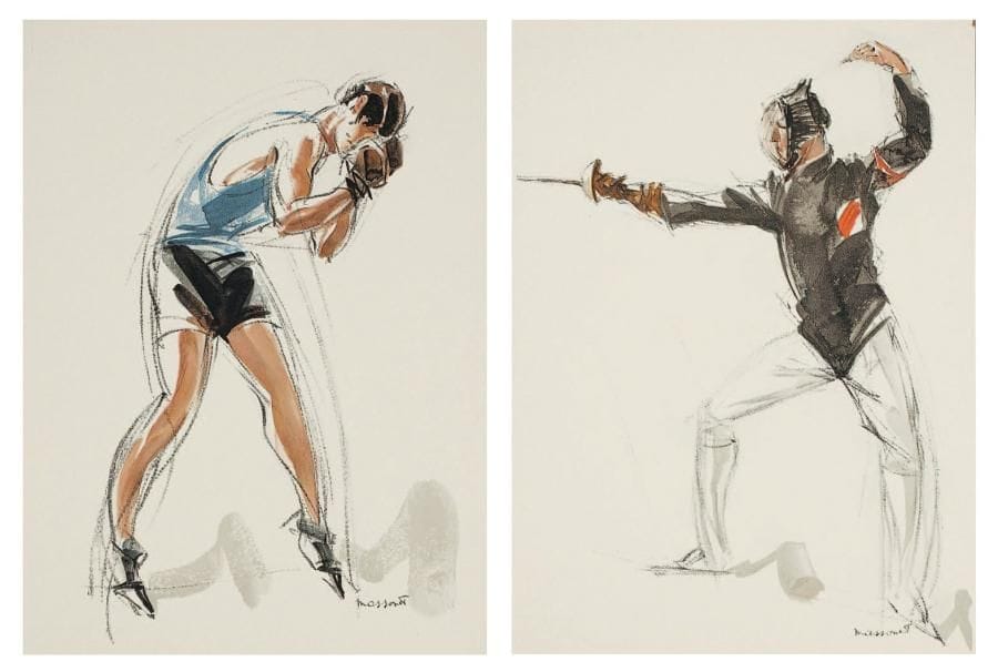 Armand Massonet (1892-1979)
Olympiade. Bruxelles, J. Degrève et Cie, 1926. Portefeuille contenant une suite complète de 8 planches, fac-similés offset de dessins de l'artiste (kayakiste, tennisman, escrimeur, boxeur, footballeur, épéiste, lanceur de disque, coureur à pied), précédés d'un texte de R. Bendère. Format de l'album: 300 x 400. Ex. très frais, numéroté au justificatif de tirage et signé à la plume par l'artiste. Petit trou en pied à ce feuillet liminaire. Couverture illustrée. Tirage total à 500 ex.