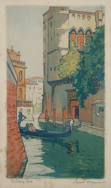 Henri Meunier (1873-1922)
[Canal à Venise]. 1902. Eau-forte et aquatinte. 135 x 236. Impression en couleurs. Belle épreuve sur vergé, numérotée et signée à la mine de plomb. Rousseurs. Marges. Tirage à 30 épreuves. Cadre.
