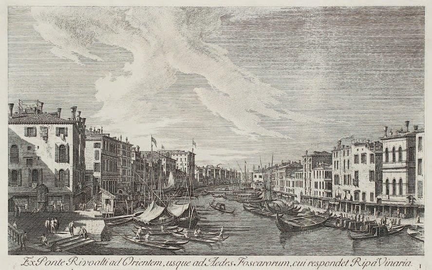 Canaletto (Antonio Canal, dit) (1697-1768) (d'après)
Vues de Venise, I et XII. Eau-forte par Visentini. 430 x 270. Belles épreuves. Marges. Cadres. Ens. 2 p.