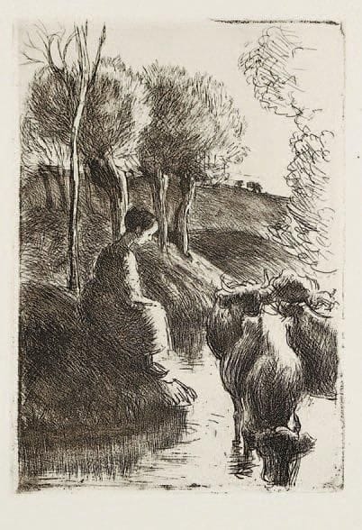 Camille Pissarro (1830-1903)
Vachère au bord de l'eau. 1890. Eau-forte. 135 x 200. Delteil 93. Très belle épreuve sur vergé crème, du tirage effectué pour la Gazette des Beaux-Arts en 1904. Trous de reliure et pli vertical au bord gauche. Toutes marges.