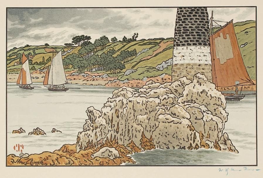Henri Rivière (1846-1951)
La Balise sur le Trieux (Le Phare) (Le Beau Pays de Bretagne, n° 11). 1908. Lithographie. 357 x 232. Fields p. 97. Impression en couleurs. Parfaite épreuve sur vélin beige, numérotée et signée au crayon bleu. Toutes marges.