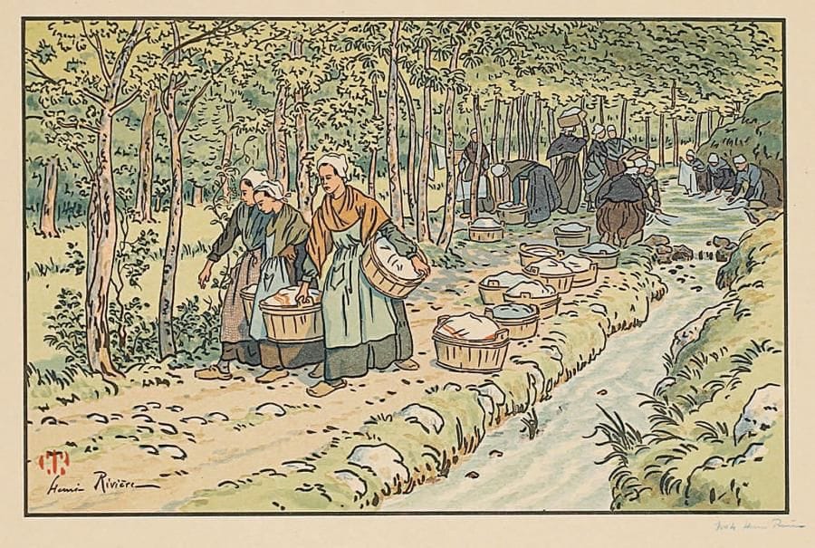 Henri Rivière (1846-1951)
Lavoir à Tréboul (Le Beau Pays de Bretagne, n° 12). 1909. Lithographie. 357 x 232. Fields p. 97. Impression en couleurs. Parfaite épreuve sur vélin beige, numérotée et signée au crayon bleu. Toutes marges.