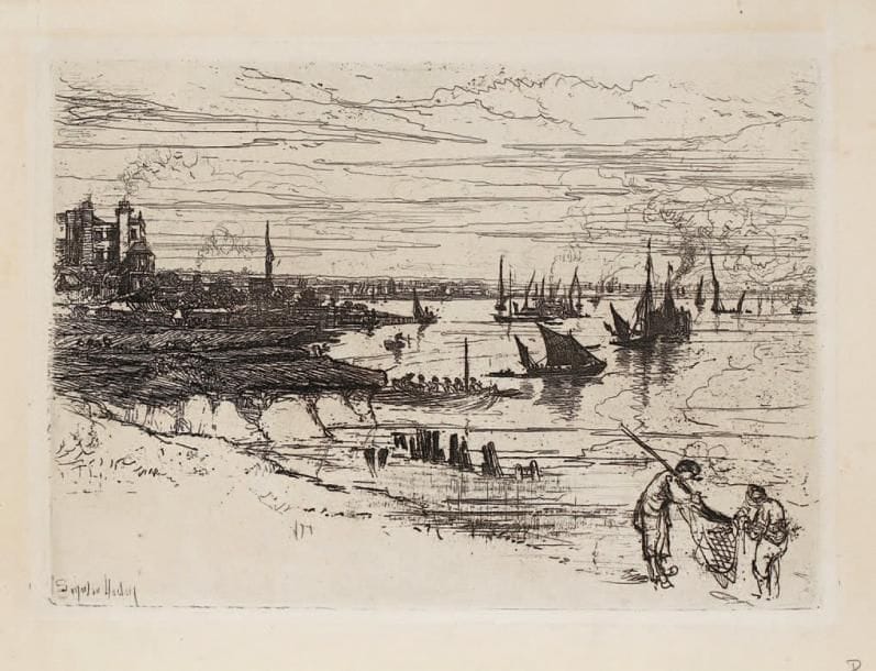 Sir Francis Seymour Haden (1818-1910)
The Inn, Purfleet. 1869. Eau-forte. 250 x 180. S. 127 (x/xi). Très belle épreuve sur vergé crème, avant réduction du cuivre. Trace claire d'oxydation dans les bonnes marges et au verso.