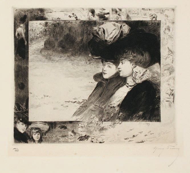 Henry Somm (1844-1907)
Deux femmes en chapeau regardant vers la gauche. Vers 1890. Pointe sèche. 306 x 258. Bailly-Herzberg, p. 305. Belle épreuve sur vergé filigrané «IMPRIMERIE CH. WITTMANN», avec marges symphoniques, numérotée à la plume et signée à la mine de plomb. Trace claire à l'ouverture d'un ancien montage. Quelques rousseurs. Timbre: Société Normande de Gravure (Lugt 2300a).