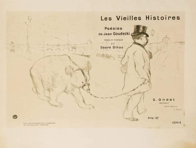 Henri de Toulouse-Lautrec (1864-1901)
Les Vieilles Histoires. 1893. Lithographie. 540 x 340. Delteil 18; Wittrock 5; Adriani 27. Impression en vert olive. Très belle épreuve sur vélin ivoire, du 2e état (sur 3) selon Adriani, avant l'édition en couleurs. Légères ondulations verticales. Trace d'oxydation à l'ouverture d'un ancien montage. Petites rousseurs circulaires et taches claires. Toutes marges.