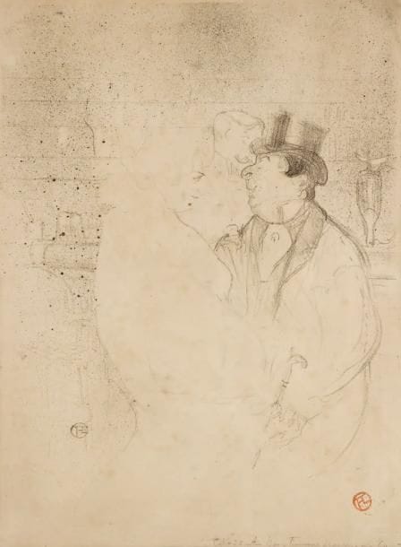 Henri de Toulouse-Lautrec (1864-1901)
Ida Heath au bar. 1894. Lithographie. À vue: 260 x 350. D. 59; W. 62. Impression en vert olive. Belle épreuve sur vélin mince, timbrée (Lugt 1338). Traces de plis souples et plusieurs plis cassés, notamment dans l'angle inférieur gauche. Marges. Cadre (étiquette de la Galerie Maeght au verso).