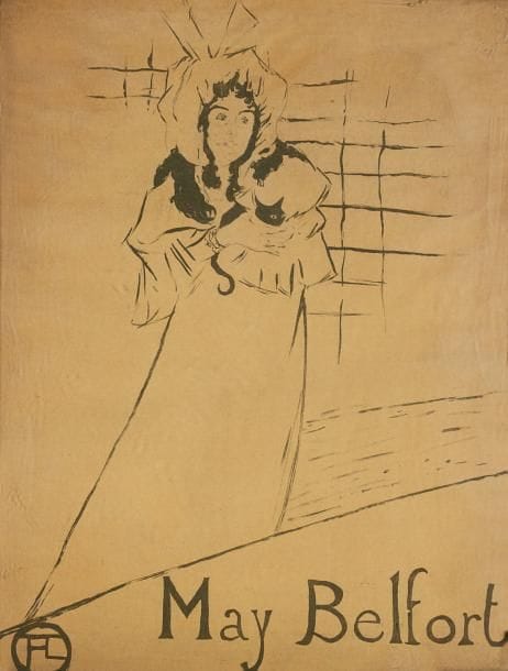 Henri de Toulouse-Lautrec (1864-1901)
May Belfort. Affiche. 1895. Lithographie. À vue: [600 x 790]. D. 354; W. P14. Belle épreuve d'essai de la pierre-clé seule tirée en vert, sur vélin mince chamois. Longues traces de plis souples horizontaux et courts plis cassés épars. Petit manque repris au crayon dans le «f» en pied. Rare: Wittrock ne cite que 3 épreuves semblables. Marges. Cadre.