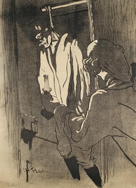 Henri de Toulouse-Lautrec (1864-1901)
Le Pendu (1re planche). Affiche. 1892. Lithographie. 543 x 750. D. 340; W. P2. Impression en deux tons. Rare épreuve sur vélin, manquant fortement de conservation, marouflée sur toile. Le sujet incomplet en tête. Nombreux plis fracturés avec reprises à la pierre noire et quelques petits manques en surface.