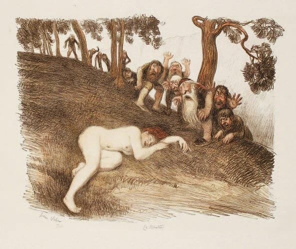 Jean Veber (1868-1928)
Le Monstre.1907. Lithographie. 380 x 293. Veber et Lacroix 51. Impression en couleurs. Superbe épreuve sur japon, la pierre-clé tirée en brun, signée, numérotée et titrée à la mine de plomb. Toutes marges non ébarbées. Tirage à 125 épreuves.
