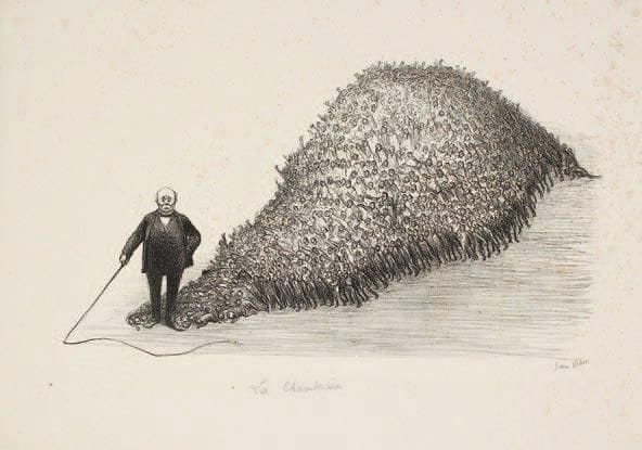Jean Veber (1868-1928)
La Chambrière, ou Le Dompteur, ou Clemenceau et la Chambre. 1909. Lithographie. 430 x 250. V. et L. 122. Belle épreuve sur vélin fort, titrée «La Chambrière» à la mine de plomb et signée. Innombrables rousseurs claires. Toutes marges. Timbre sec: Ed. Sagot éditeur, Paris (Lugt 2254). Tirage à env. 50 épreuves.