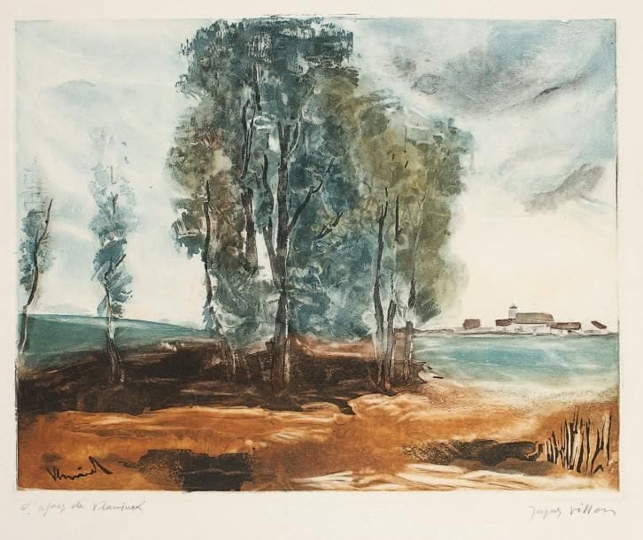 Maurice de Vlaminck (1876-1958) (d'après)
Le Village d'Hérouville. 1923-1924. Gravé à l'aquatinte par Villon. 603 x 480. Ginestet et Pouillon 638. Impression en couleurs. Très belle épreuve sur vélin blanc, avant les inscriptions gravées dans le cuivre en pied, annotée à la mine de plomb «d'après de Vlaminck» et signée. Courtes traces de plis et léger empoussiérage aux bords du feuillet. Toutes marges. Tirage définitif à 200 épreuves, édition de la Galerie Bernheim-Jeune (avant le tirage à nombre pour la Chalcographie du Louvre).
