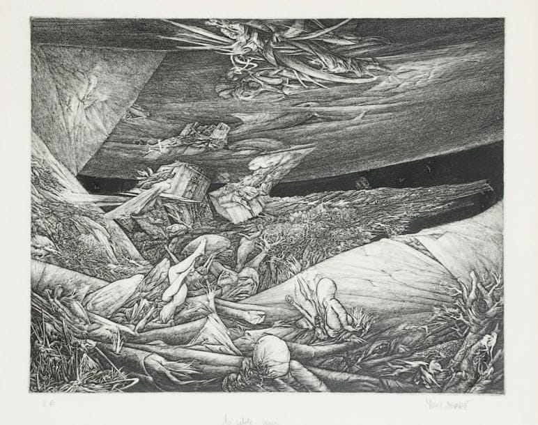 Yves Doaré (né en 1943)
La Petite peur. 1974. Burin. 315 x 258. Très belle épreuve sur vélin, justifiée «E.A.», titrée et signée à la mine de plomb. Marges. Cadre.