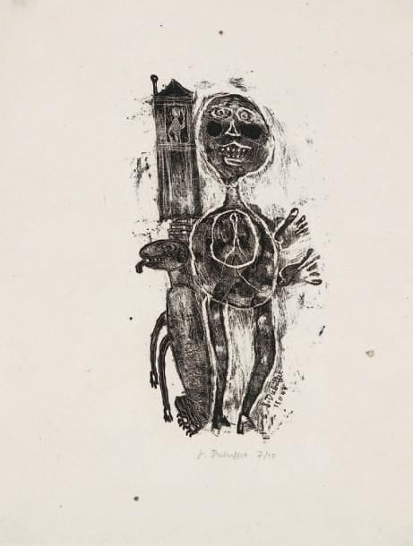 Jean Dubuffet (1901-1985)
Le Salut de la fenêtre. Planche III pour Matière et Mémoire, ou Les Lithographies à l'école, de Francis Ponge. 15 septembre 1944. F. Mourlot éditeur, Paris, 1945. Lithographie. 110 x 215. Webel 15. Très belle épreuve, l'une des 10 sur Auvergne, signée et numérotée à la mine de plomb. Trois petites rousseurs inhérentes à la présence de corps ferreux dans le papier. Toutes marges. Tirage total à 170 épreuves. Cadre.