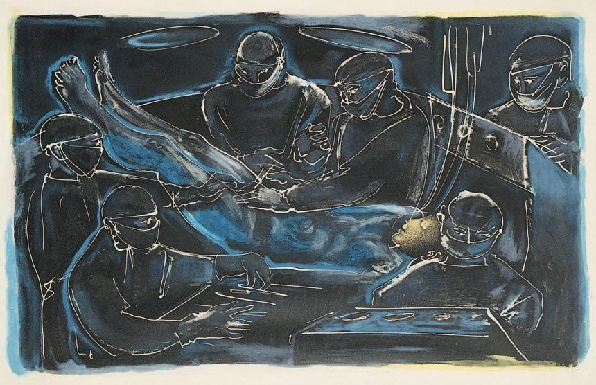 Hans Erni (François Greques, dit) (né en 1909)
[Chirurgiens à la table d'opération]. Vers 1970. Lithographie. 590 x 375. Impression en couleurs. Belle épreuve sur vélin grenu. Marges. Cadre.