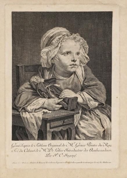 Jean-Baptiste Greuze (1725-1805) (d'après)
La Petite Fille au capucin de bois. 1766. Gravé par P.-Ch. Ingouf l'aîné «d'après le Tableau Original de Mr Greuze Peintre du Roy / Tiré du Cabinet de Mr De Lalive...» 173 x 245. I.F.F. 10. Belle épreuve revêtue du paraphe de Greuze à la plume et à l'encre au verso. Deux plis cassés en tête du feuillet. Bonnes marges. Le tableau original se trouve aujourd'hui au Musée de Montauban (n° 251 du catalogue de 1835).
