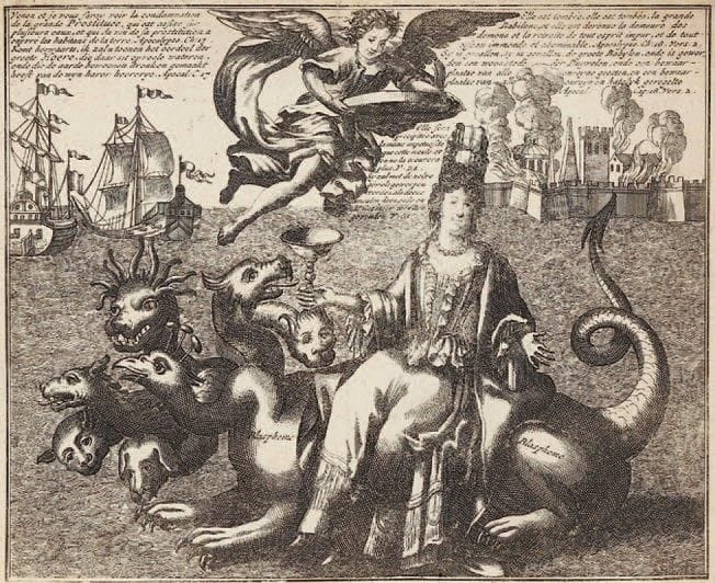 Anonyme XVIIIe s.
Caricature sur Madame de Maintenon («Venez et je vous ferai voir la condamnation de la Grande Prostituée...»). Eau-forte et burin. 250 x 204. Belle épreuve rognée sur le coup de planche. Traces de plis verticaux. Restes de colle en tête au verso.