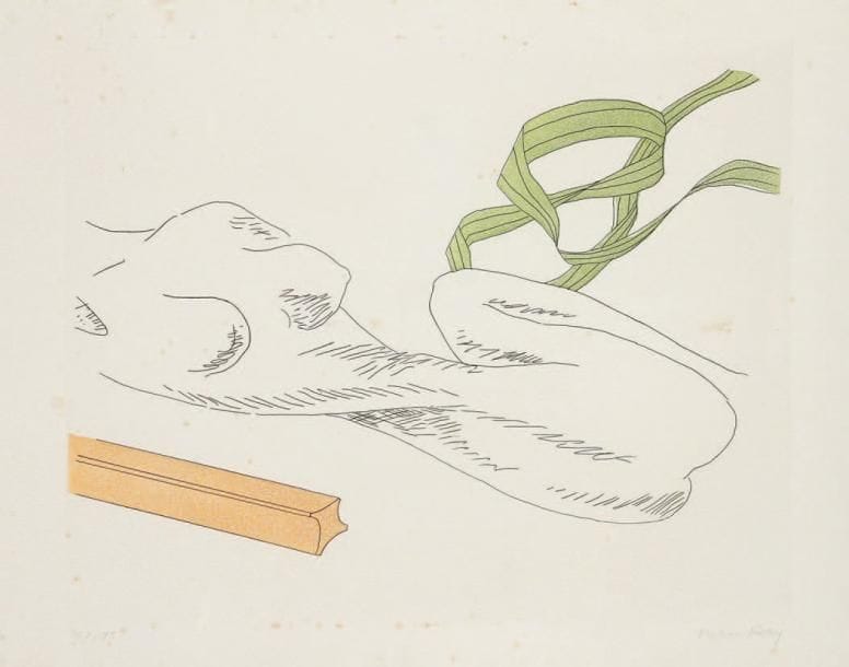 Man Ray (Emmanuel Rudnitsky, dit) (1890-1976)
[Corps de femme.] Planche pour Ballade de dames hors du temps. 1971. Eau-forte et aquatinte. 492 x 398. A. 60 B. Impression en couleurs. Très belle épreuve sur vélin blanc, numérotée et signée à la mine de plomb. Rousseurs éparses. Toutes marges. Tirage annoncé à 75 épreuves. Tirage total à 120 épreuves. Cadre.