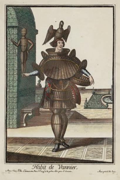 Nicolas II de Larmessin (actif à la fin du XVIIe s.)
Habit de Vannier. Eau-forte. 197 x 278. I.F.F. 82. Très belle épreuve en très beau coloris. Marges. Cadre.