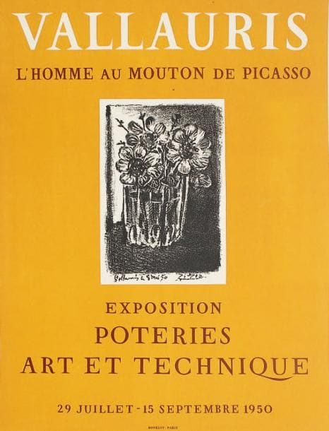 Pablo Picasso (1881-1973)
Fleurs dans un vase. Vallauris, L'Homme au mouton de Picasso... Poteries, Art et technique, juillet-septembre 1950. Affiche. Lithographie par Mourlot. [478 x 620]. Bloch 1261; Mourlot 189; Czwiklitzer 5. Impression en couleurs. Très belle épreuve. Infimes plis cassés au bord inférieur gauche du feuillet. Petites taches dans l'angle inférieur droit. Tirage à 350 épreuves.
