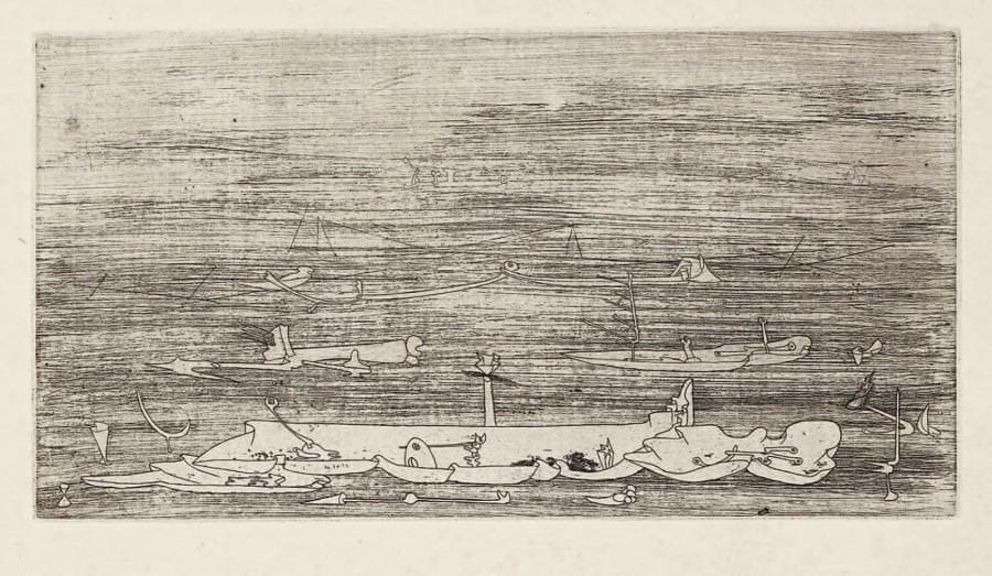 Yves Tanguy (1900-1955)
Sans titre. 1937. Eau-forte. 220 x 120. Wittrock 5. Très belle épreuve sur vergé ancien filigrané «Auvergne», d'un tirage postérieur. Toutes marges. Très rare: seules une dizaine d'épreuves furent tirées du vivant de l'artiste.