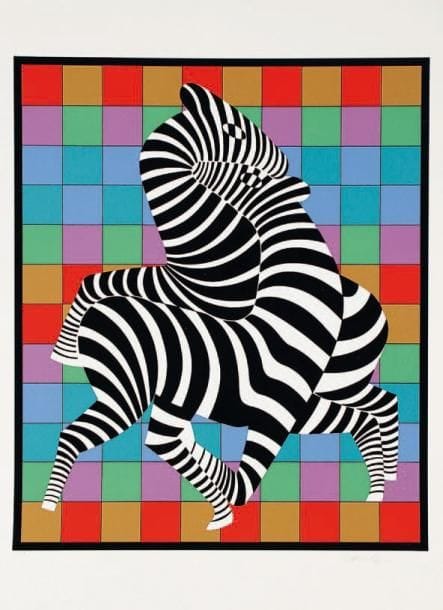 Victor Vasarely (1906-1997)
[Deux zèbres sur fond d'échiquier coloré]. Sérigraphie imprimée en couleurs. 520 x 620. Très belle et fraîche épreuve sur vélin crème fort, numérotée et signée à la mine de plomb. Toutes marges. Tirage à 250 épreuves.