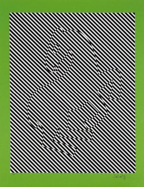 Victor Vasarely (1906-1997)
[Zèbre sur fond zébré, bordure verte]. Sérigraphie imprimée en couleurs. [530 x 680]. Très belle et fraîche épreuve sur vélin fort glacé, numérotée et signée au stylo bille. Courts plis cassés en tête et au bord droit du feuillet. Toutes marges. Tirage à 75 épreuves.