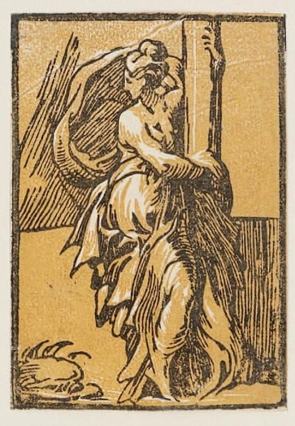 Girolamo Francesco Maria Mazzola ou Mazzuoli dit Le Parmesan (1503-1540) (d'après)
La Force. Copie de la gravure attribuée à Antonio da Trento. Clair-obscur en deux tons. 72 x 102. Cf. Karpinski (Ill. Bartsch, t. 48), VIII. 7. Bonne épreuve. Pli vertical médian. Habile restauration en tête au verso.