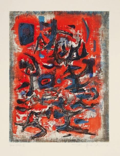 Zao Wou-Ki (né en 1920 ou 1921)
Signes en mouvement. 1957. Eau-forte et aquatinte. 380 x 498. Impression en couleurs. Ågerup 104. Très belle et fraîche épreuve sur vélin blanc, l'une des 10 épreuves d'artiste, annotée, numérotée, signée et datée à la mine de plomb. Toutes marges. Tirage total à 70 épreuves. La Hune, Paris, éditeur.