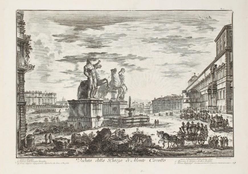 Giambattista Piranesi (1720-1778)
Veduta della Piazza di Monte Cavallo (place du Quirinal). 1750. Eau-forte. 545 x 395. Hind 15. Très belle épreuve du 2e état (sur 6), à l'adresse de Bouchard, anciennement et soigneusement lavée. Pli vertical de séchage anciennement consolidé au verso. Belles marges. Filigrane: fleur de lys dans un double cercle (Hind 3).