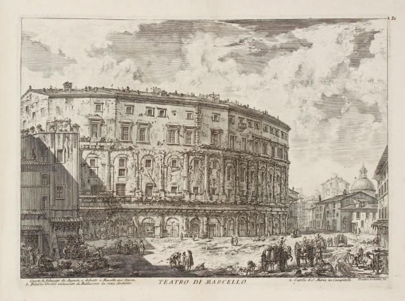 Giambattista Piranesi (1720-1778)
Teatro di Marcello. 1757. Eau-forte. 550 x 407. H. 33. Très belle épreuve du 5e état (sur 7), avant le numéro, anciennement et soigneusement lavée. Numéro «24» à la plume et à l'encre sépia dans l'angle supérieur droit à l'extérieur du coup de planche. Infimes rousseurs. 1er tirage parisien.