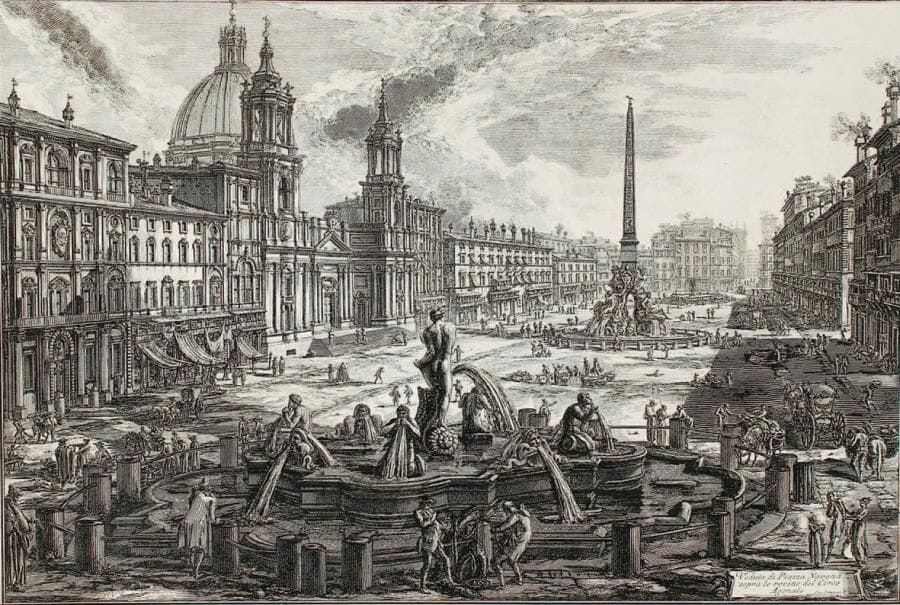 Giambattista Piranesi (1720-1778)
Veduta di Piazza Navona sopra le rovine del Circo Agonale. 1773. Eau-forte. 705 x 470. H. 108. Épreuve avant les numéros, collée en plein sur carton, montée sous passe-partout. Grandes marges.