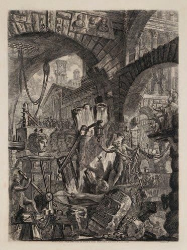 Giambattista Piranesi (1720-1778)
Carceri d'invenzione, pl. 2. Eau-forte. 415 x 585. H. 2. Belle épreuve sur vélin blanc fort, avec les numéros, légèrement oxydée. Quelques rousseurs. Grandes marges. Tirage de la Regia Calcografia. Cadre.