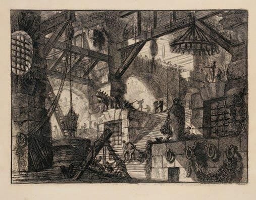 Giambattista Piranesi (1720-1778)
Carceri d'invenzione, pl. 3. Eau-forte. 410 x 545. H. 3. Belle épreuve sur vélin blanc fort, avec les numéros, légèrement oxydée. Rousseurs éparses. Grandes marges. Tirage de la Regia Calcografia. Cadre.