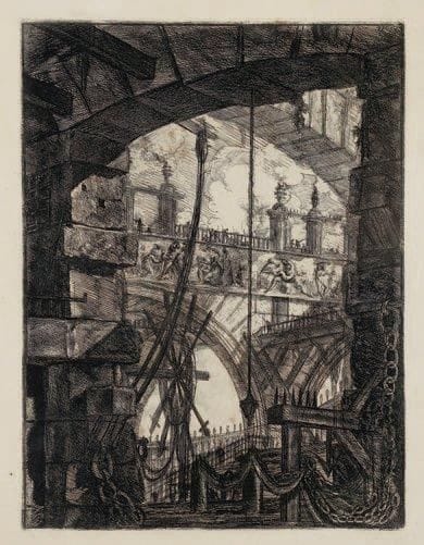 Giambattista Piranesi (1720-1778)
Carceri d'invenzione, pl. 4. Eau-forte. 410 x 550. H. 4. Belle épreuve sur vélin blanc fort, avec les numéros, légèrement oxydée. Rousseurs éparses. Grandes marges. Tirage de la Regia Calcografia. Cadre.