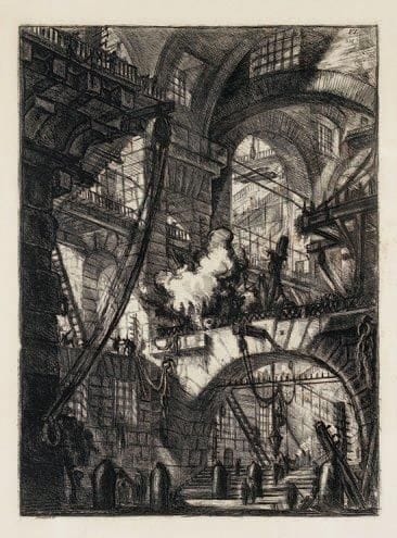 Giambattista Piranesi (1720-1778)
Carceri d'invenzione, pl. 6. Eau-forte. 398 x 645. H. 6. Belle épreuve sur vélin blanc fort, avec les numéros, légèrement oxydée. Rousseurs éparses. Grandes marges. Tirage de la Regia Calcografia. Cadre.