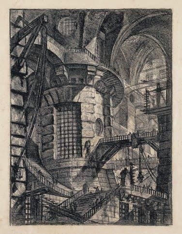 Giambattista Piranesi (1720-1778)
Carceri d'invenzione, pl. 13. Eau-forte. 555 x 405. H. 13. Belle épreuve sur vélin crème fort, avec les numéros, légèrement oxydée. Rousseurs éparses. Petit arrachement en surface dans le sujet. Grandes marges. Timbre sec: Regia Calcografia. Cadre.