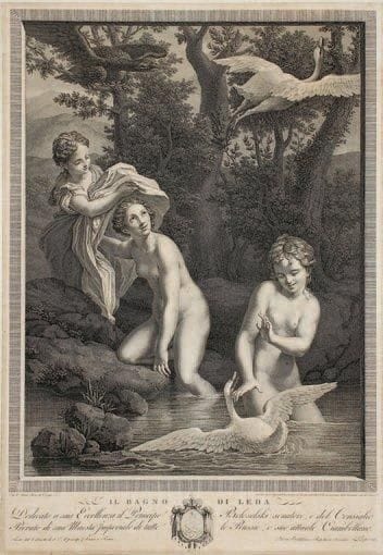 Carlo Antonio Porporati (1741-1816)
Il Bagno di Leda. Vers 1800. Gravé d'après le Corrège. 392 x 570. Belle épreuve légèrement oxydée, rognée sur le coup de planche. Joint: J. T. Richomme. Triomphe de Galatée. 1820. Gravé d'après Raphaël. [448 x 610]. Très belle épreuve rognée sur le coup de planche latéralement, revêtue du timbre du graveur (Lugt 1547). Petites marges en tête et en pied. Ens. 2 p.