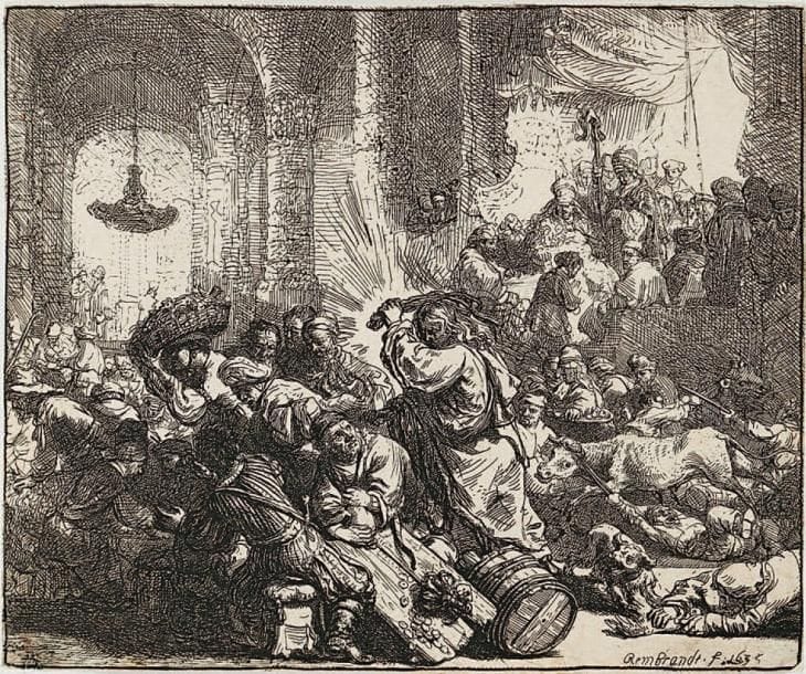 Rembrandt Harmensz. van Rijn (1606-1669)
Jésus Christ chassant les vendeurs du Temple. 1635. Eau-forte. 165 x 135. Bartsch 69. Très belle et brillante épreuve rognée à l'extérieur du trait carré, du 1er état (sur 7 selon Nowell-Usticke), avec la semelle de l'homme allongé encore blanche, sa bouche petite, et avant les reprises dans les ombres. Les angles inférieurs très habilement restaurés. Traces de colle au verso. Au verso, paraphe de P. Mariette et date «1677» à la plume et à l'encre sépia. Ex-coll. A. Firmin-Didot (Lugt 119).