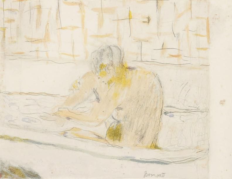 Pierre Bonnard (1867-1947)
Femme assise dans sa baignoire. 1942. Lithographie. 327 x 252. Bouvet 115. Impression en couleurs. Couverture du programme pour la «Grande Soirée Maurice Chevalier» du vendredi 14 août 1942 aux Ambassadeurs à Cannes. Double feuillet de texte typographié. Menues rousseurs et restes d'adhésif aux bords du feuillet à la 4e de couverture.