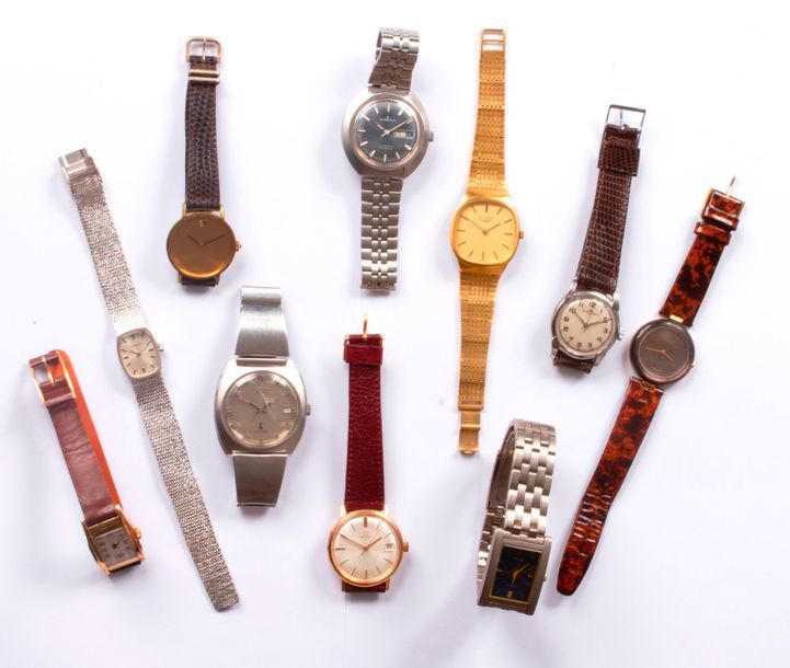 Lot de 10 montres bracelet d’homme et femme en acier ou métal doré, dont LONGINES, OMéGA, TISSOT.
