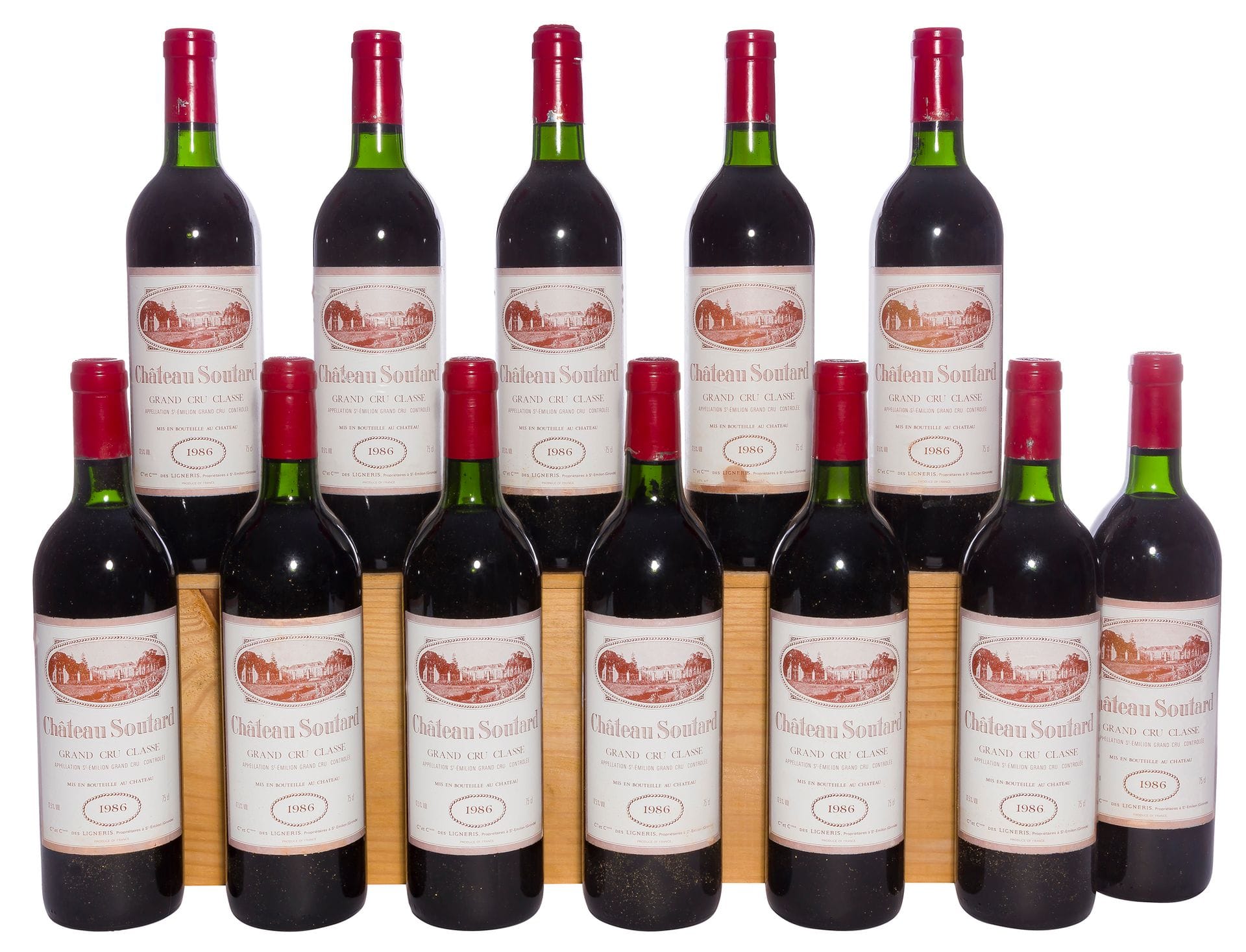 12 B CHÂTEAU SOUTARD (Caisse Bois d'origine) (T.L.B ; 2 e.t ; quelques marques et accrocs bas de capsules), GCC Saint-Emilion, 1986