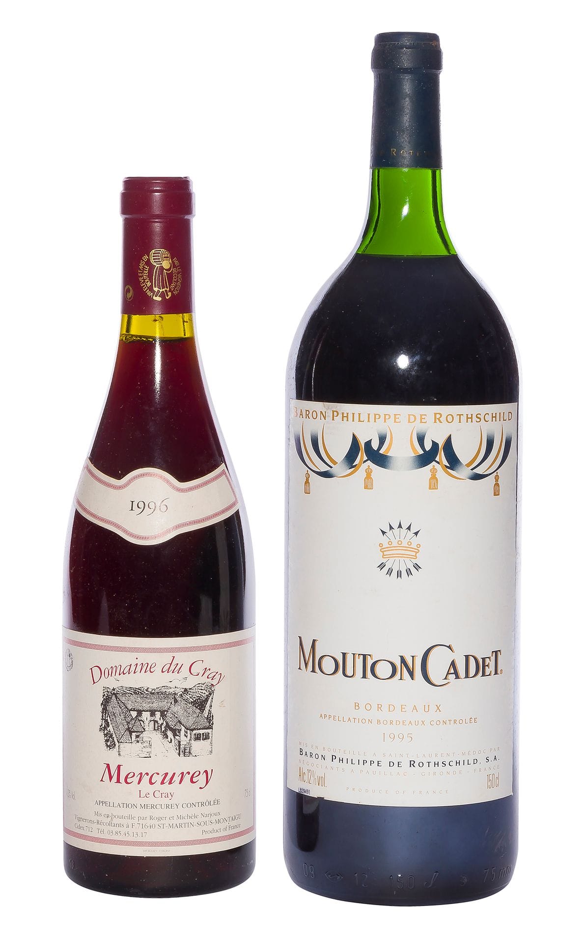 1 Mag MOUTON CADET (Canister) (T.L.B.), Bordeaux, 1995
1 B MERCUREY LE CRAY, Domaine du Cray, 19961 B CHABLIS GRENOUILLE (Grand Cru) (e.t.h. légères), La Chablisienne, 1992