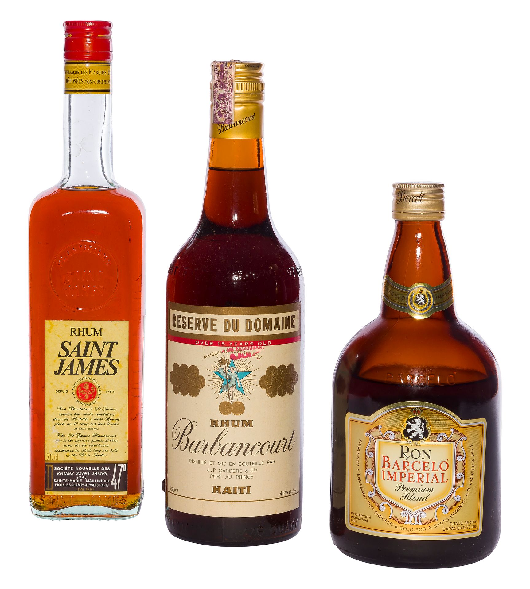 1 B RHUM 15 ANS D'ÂGE 75 Cl 43% (étui), Barbancourt, NM
1 B RHUM 70 Cl 47%, Saint James, NM
1 B RHUM PREMIUM BLEND 70 Cl 38% (étui) (niveau bas), Ron Barcelo Imperila, NM