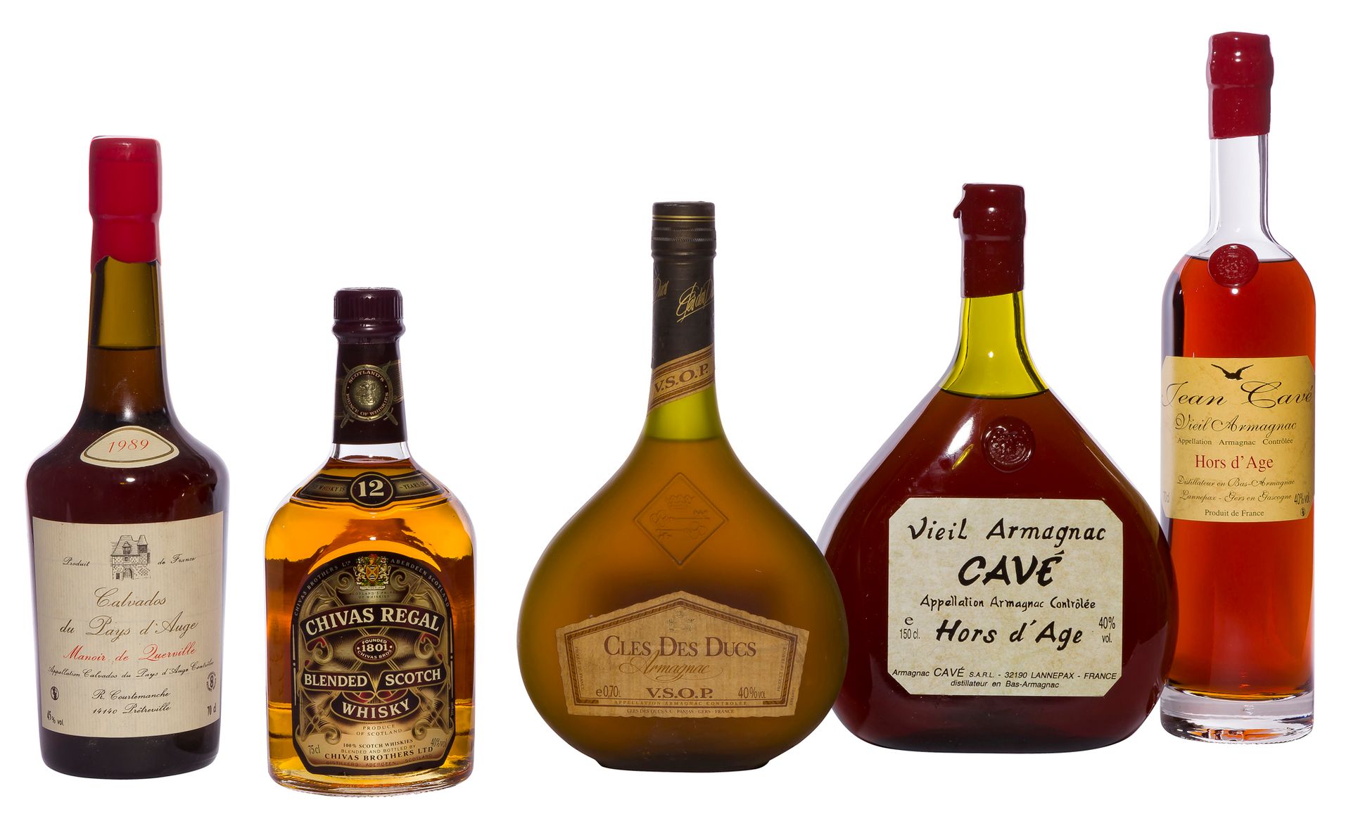 1 Mag VIEIL ARMAGNAC HORS D'ÂGE 150 Cl 40% (étui), Jean Cavé, NM
1 B VIEIL ARMAGNAC HORS D'ÂGE 70 Cl 40% (étui), Jean Cavé, NM
1 B ARMAGNAC VSOP 70 Cl 40% (forme basquaise ; e.l.s.), Clés des Ducs, NM
1 B CALVADOS DU PAYS D'AUGE 70 Cl 45%, Manoir de Querville, 1989
1 B WHISKY 12 ANS D'ÂGE 75 Cl 40% (étui), Chivas Regal, NM