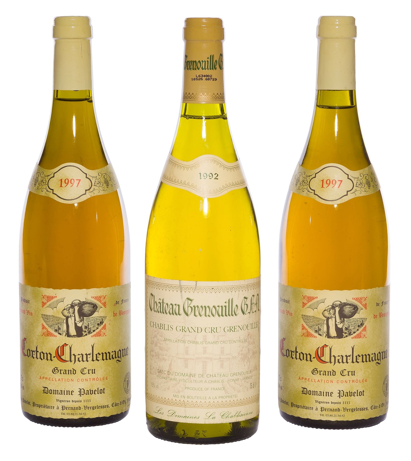 2 B CORTON-CHARLEMAGNE (Grand Cru), Domaine Pavelot, 1997
1 B CHABLIS GRENOUILLE (Grand Cru) (e.t.h. légères), La Chablisienne, 1992