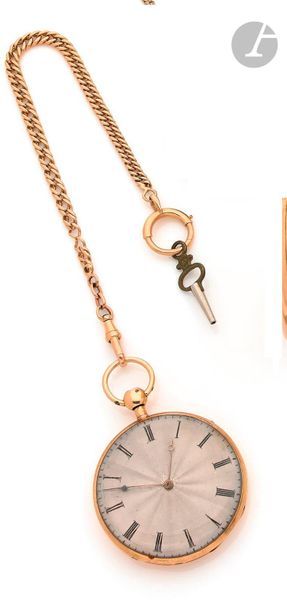 ANONYMOUS. Circa 1850N
 3269018K (750) yellow gold pocket
 watch of
 striking type, silver dial, hour markers with Roman numerals forming the hours, cylinder movement, striking does not work
, plain case.

 A 18K gold chain and a

 metal

 key are attached

.

 Diameter:

 50 mmGross weight of the

 whole: 88.8 g

