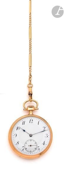 Anonymous. Circa 1910N
 9459318K (750) yellow gold pocket
 watch.
 White dial with Arabic numerals forming the hours, second hand at 6 o'clock, winding movement (working). Case engraved
 with interlaced
 numerals
.

 An

 18K yellow

 gold chain is attached

.

 Gross weight of the set: 75

.9 gÉcrin

 L. Letorey

