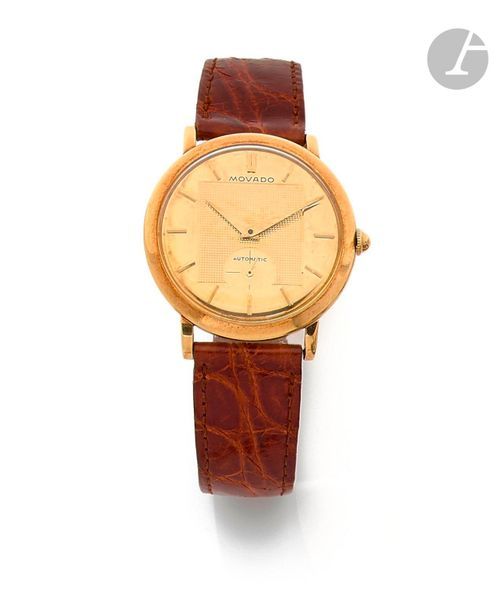 MOVADO. Vers 1960
N  8463-A2124423
Montre bracelet pour homme en or jaune 18K (750), cadran doré, index bâtons appliqués formant les heures, trotteuse à 6H, mouvement mécanique à remontage automatique, bracelet cuir avec une boucle ardillon en métal doré.
Cadran, boîtier et mouvement signés.
Diamètre : 34 mm
Poids brut : 35,5 g